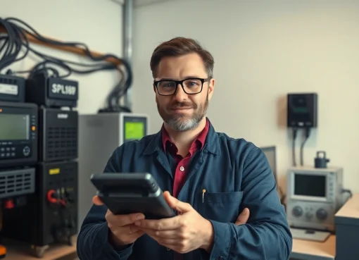 Prüfung ortsveränderlicher elektrischer Betriebsmittel durch einen Elektrofachmann mit Prüfgerät im Büro.