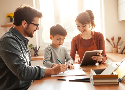 Elternteil unterrichtet Kind im Heimunterricht am Küchentisch, mit sonnigem Ambiente und Lernmaterialien.