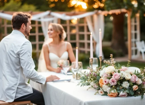 Hochzeitslocation im Freien mit romantischer Atmosphäre und wunderschönen Blumenarrangements