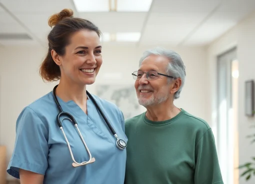 Pflegefachkraft Hameln hilft einem Patienten in einem modernen, freundlichen Gesundheitsraum.