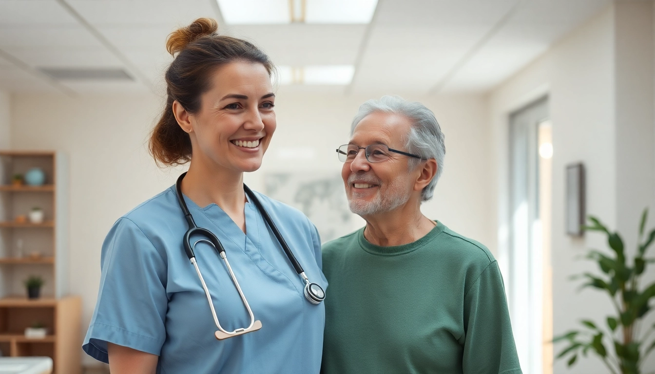 Pflegefachkraft Hameln hilft einem Patienten in einem modernen, freundlichen Gesundheitsraum.