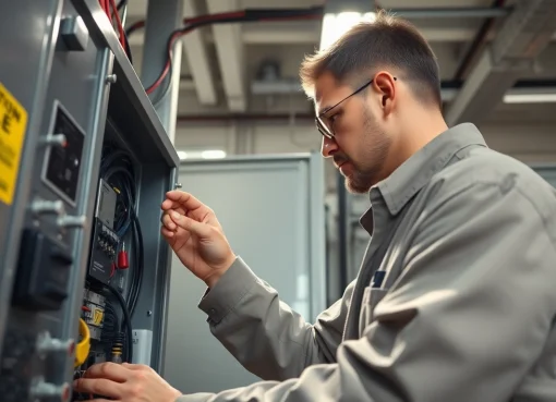 Technician conducting a DGUV V3 Prüfung on electrical equipment, ensuring workplace safety and compliance.