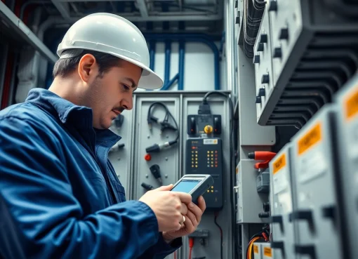 Technician conducting a DGUV V3 Prüfung to ensure electrical safety and compliance in an organized workspace.