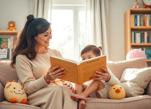 Kindererziehung: Mutter und Kind genießen gemeinsames Lesen in einem liebevollen Wohnzimmer.