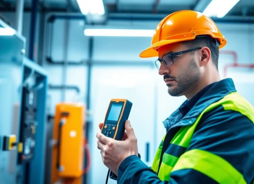 Technician performing DGUV V3 Prüfung for workplace electrical safety inspection