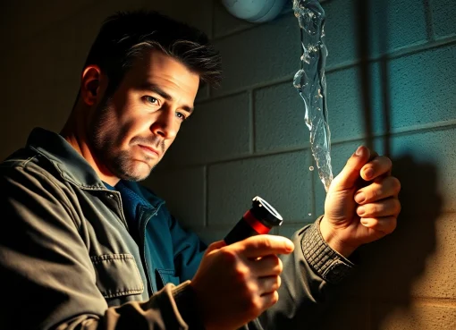 Professioneller Klempner beim Arbeiten für den Sanitär Notdienst, konzentriert und ausgestattet mit Werkzeugen.