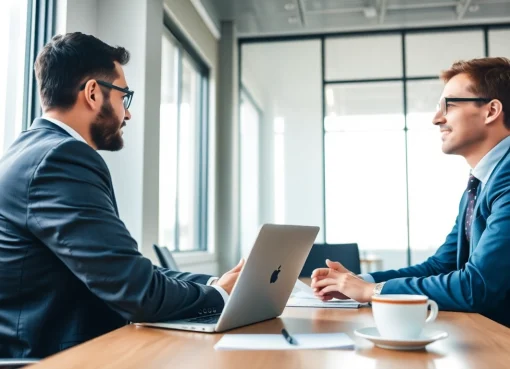 Professioneller Vertriebs-Headhunter interviewt Kandidaten mit Fokus auf dynamische Interaktion.