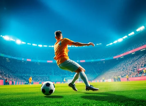 Futbolspieler schießt mit Begeisterung auf das Tor, was die Aufregung von Sportwetten verdeutlicht.