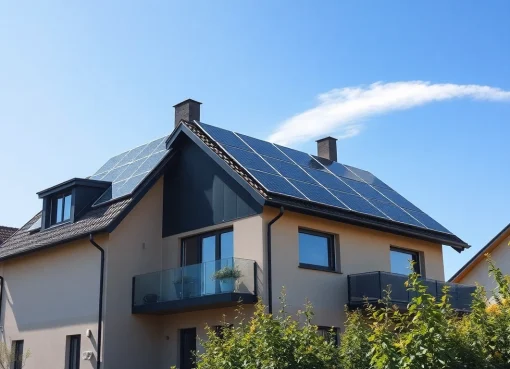 Solaranlage kaufen für Ihr Zuhause mit modernem Design und optimaler Effizienz auf einem klaren Himmel hinterlegt.