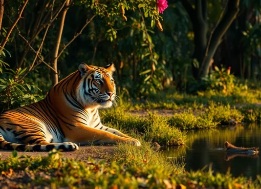 Experience breathtaking wildlife safari tours in India with majestic tigers in their natural habitat, surrounded by lush landscapes.
