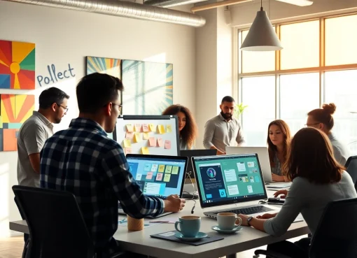 Show a creative team collaborating on edmonton web design projects in a vibrant office setting.