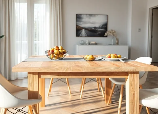 Eleganter Esstisch Eiche mit Baumkante im modernen Esszimmer-Design, unterstrichen durch warmes Licht und stilvolles Interieur.