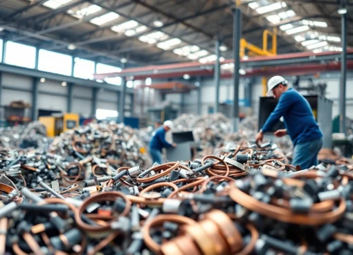 Buying scrap materials at Schrottplatz Remscheid with workers handling copper and aluminum in a professional setting.