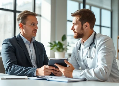 Headhunter Gesundheitswesen interviewt einen medizinischen Fachmann in einem modernen Büro, um die besten Talente zu identifizieren.
