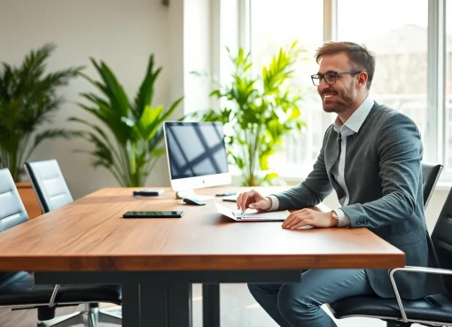 Personalvermittlung: Recruiter und Kandidat im freundlichen Gespräch in hellem Büroumfeld.