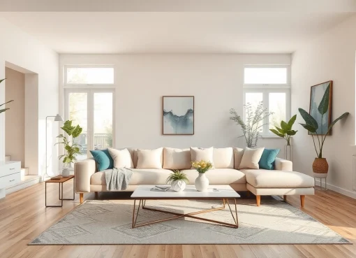 Gemütliches Wohnzimmer mit offener Raumgestaltung, harmonische Farben und stilvolle Dekoration.