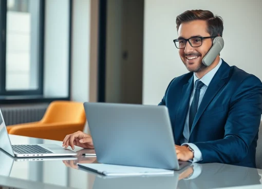 Headhunter führt professionelles Gespräch am Telefon in modernem Büro.