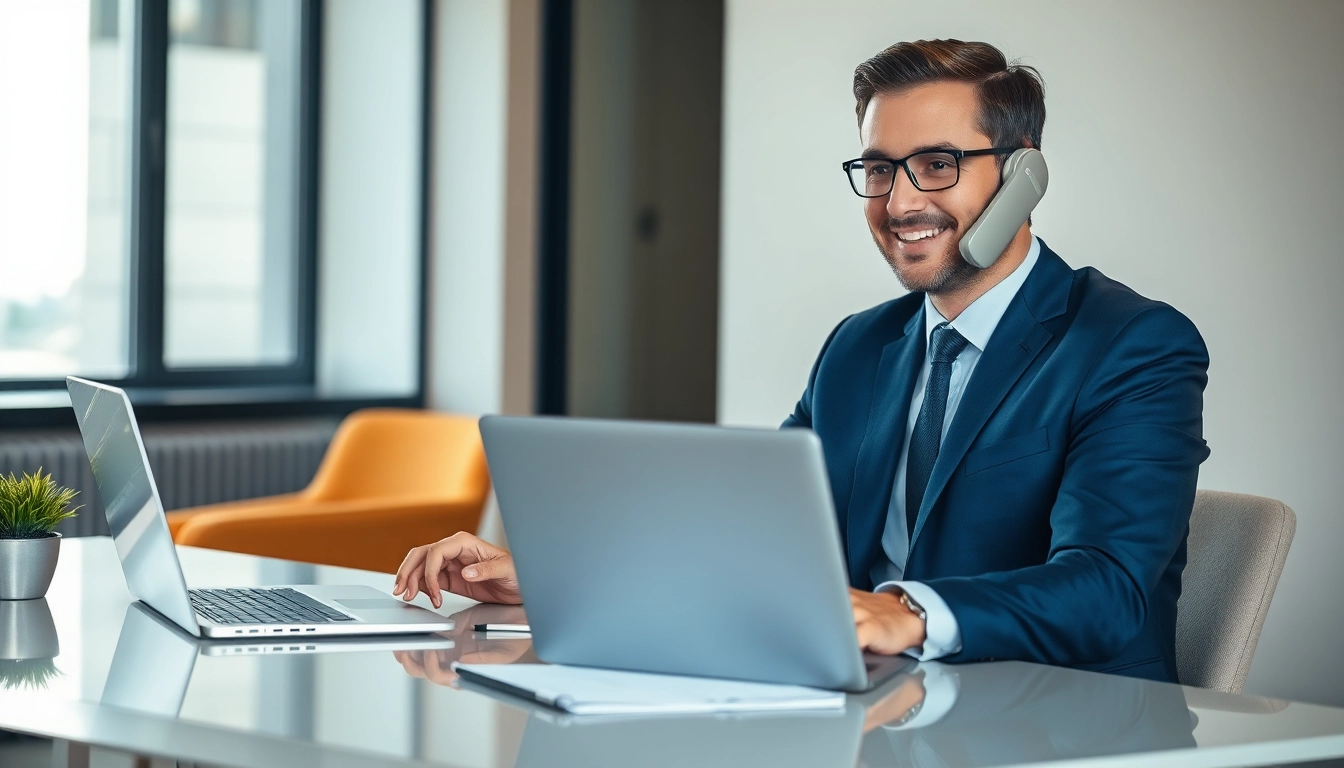 Headhunter führt professionelles Gespräch am Telefon in modernem Büro.
