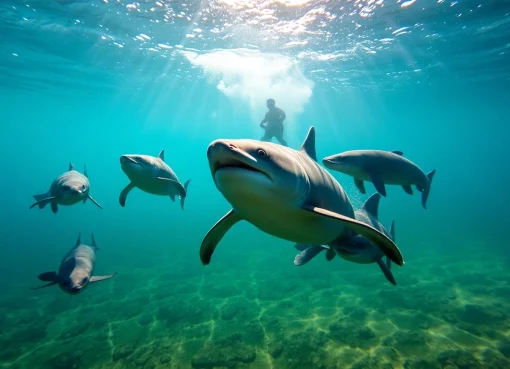 Tauchen Bullenhaie in kristallklarem Wasser mit Tauchern und majestätischen Haien.