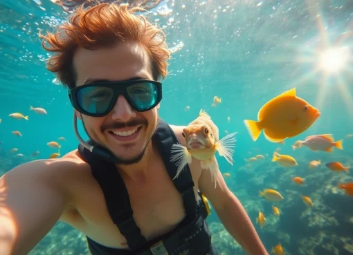 Tauchen in Playa del Carmen: Ein Taucher erkundet bunte Korallenriffe und schwimmt mit einer Schildkröte.