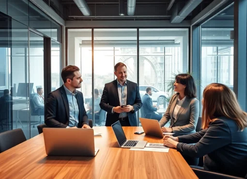 Headhunter Führungskräfte in einem modernen Büro übergeben sich wichtige Informationen.