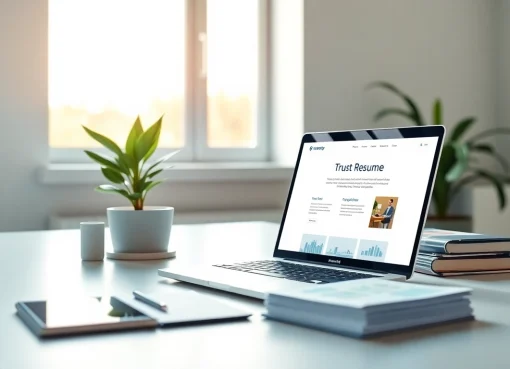 Headhunter Hagen office setup with resumes and laptop on desk.