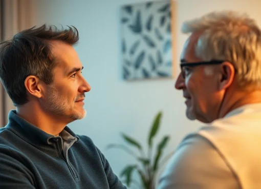 Suchttherapie mit einem einfühlsamen Therapeuten in einem einladenden Raum.