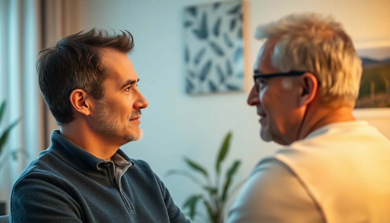 Suchttherapie mit einem einfühlsamen Therapeuten in einem einladenden Raum.