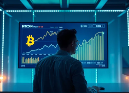 Aktuelle Bitcoin Preis USD in einer modernen Geschäftsumgebung visualisieren.