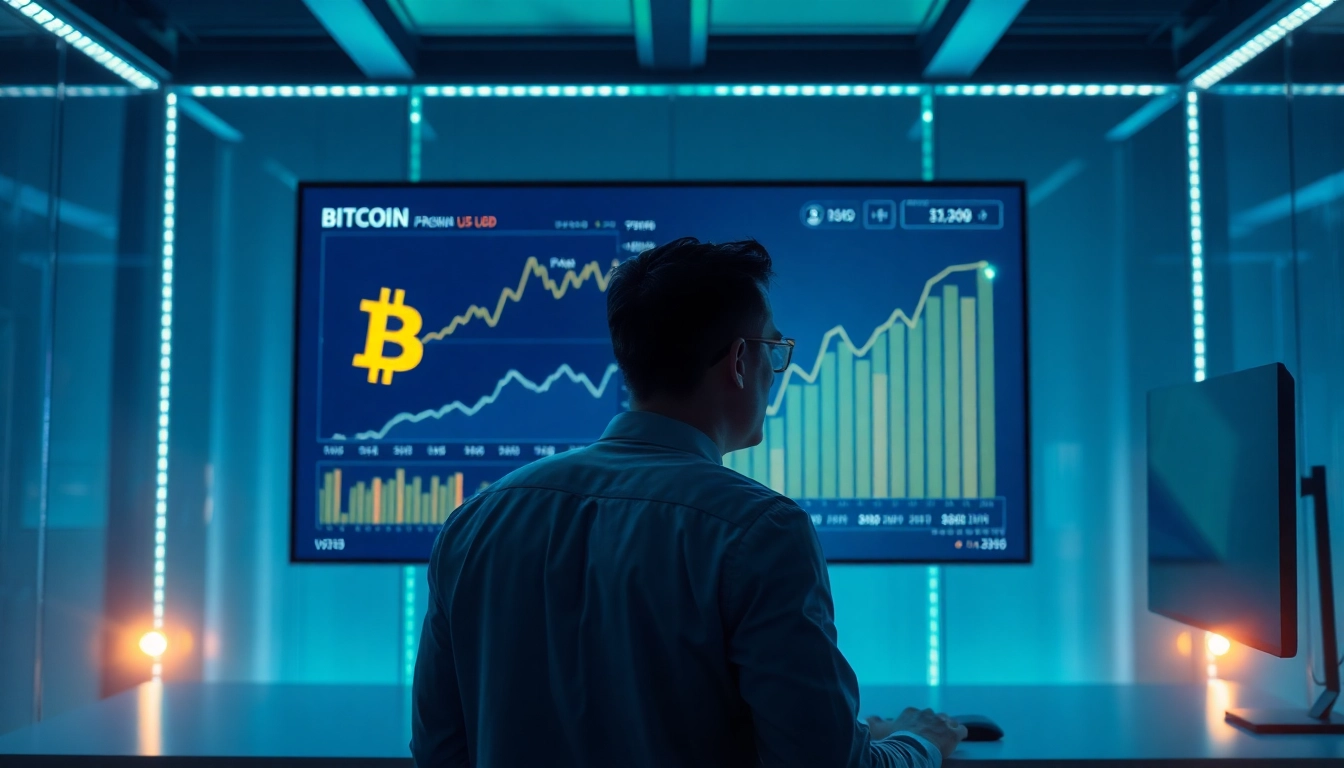 Aktuelle Bitcoin Preis USD in einer modernen Geschäftsumgebung visualisieren.