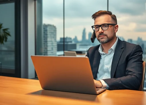 Ein engagierter Headhunter Berlin berät einen Klienten am Telefon in einem modernen Büro mit Blick auf die Berliner Skyline.