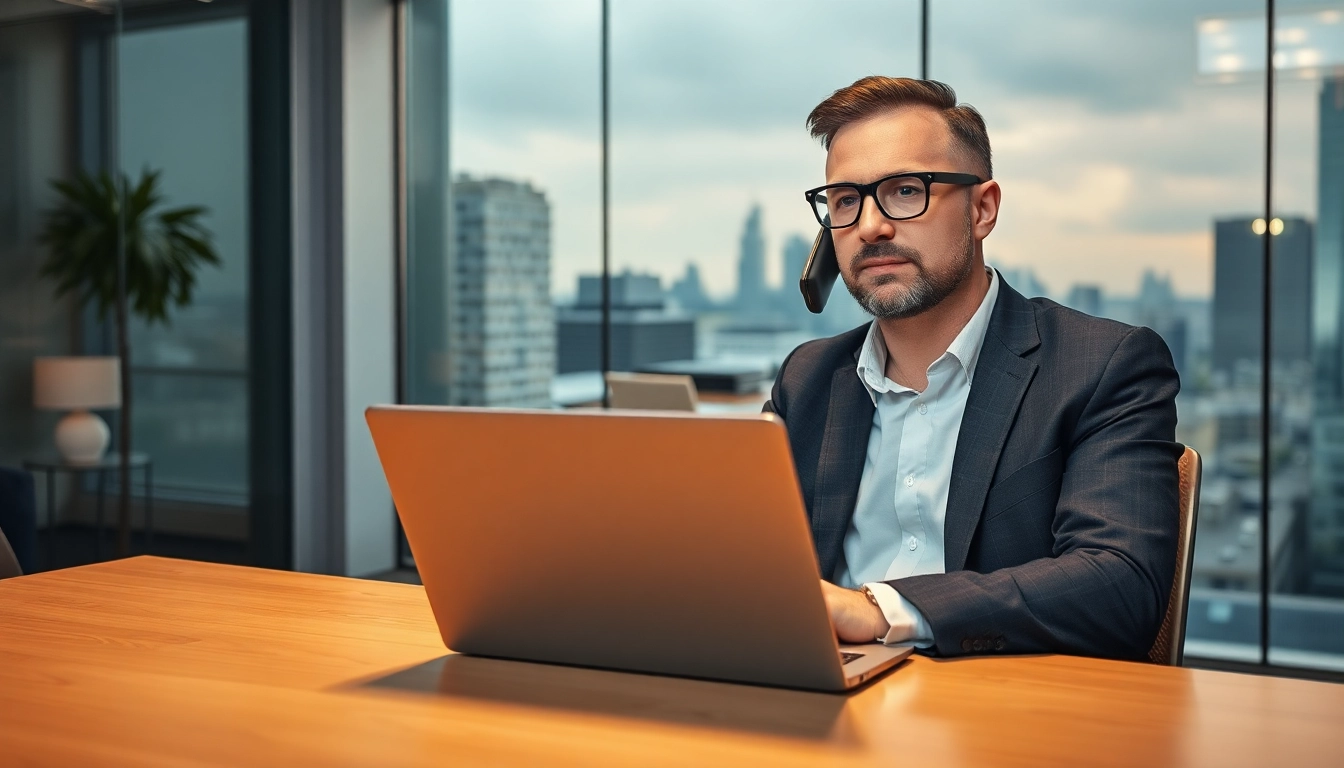 Ein engagierter Headhunter Berlin berät einen Klienten am Telefon in einem modernen Büro mit Blick auf die Berliner Skyline.