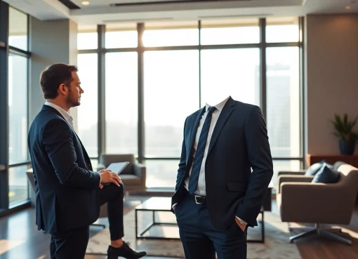 Porträt eines Headhunters Executive Search, der in einem modernen Büro mit Klienten spricht.