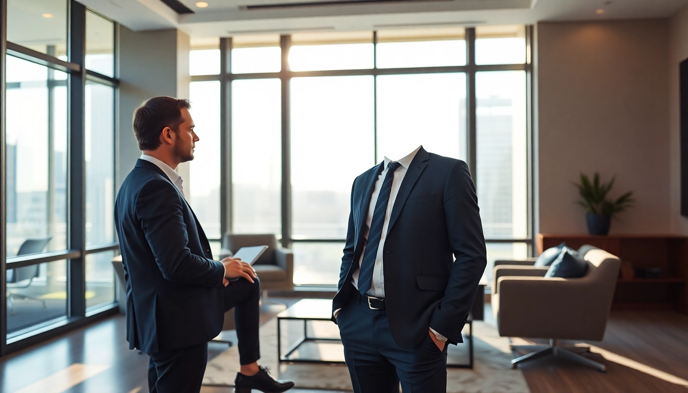 Porträt eines Headhunters Executive Search, der in einem modernen Büro mit Klienten spricht.