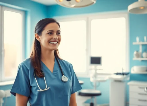 Headhunter Zahnmedizinische Fachangestellte bietet Unterstützung in einer modernen Zahnarztpraxis, wo eine Fachangestellte mit einem Patienten interagiert.