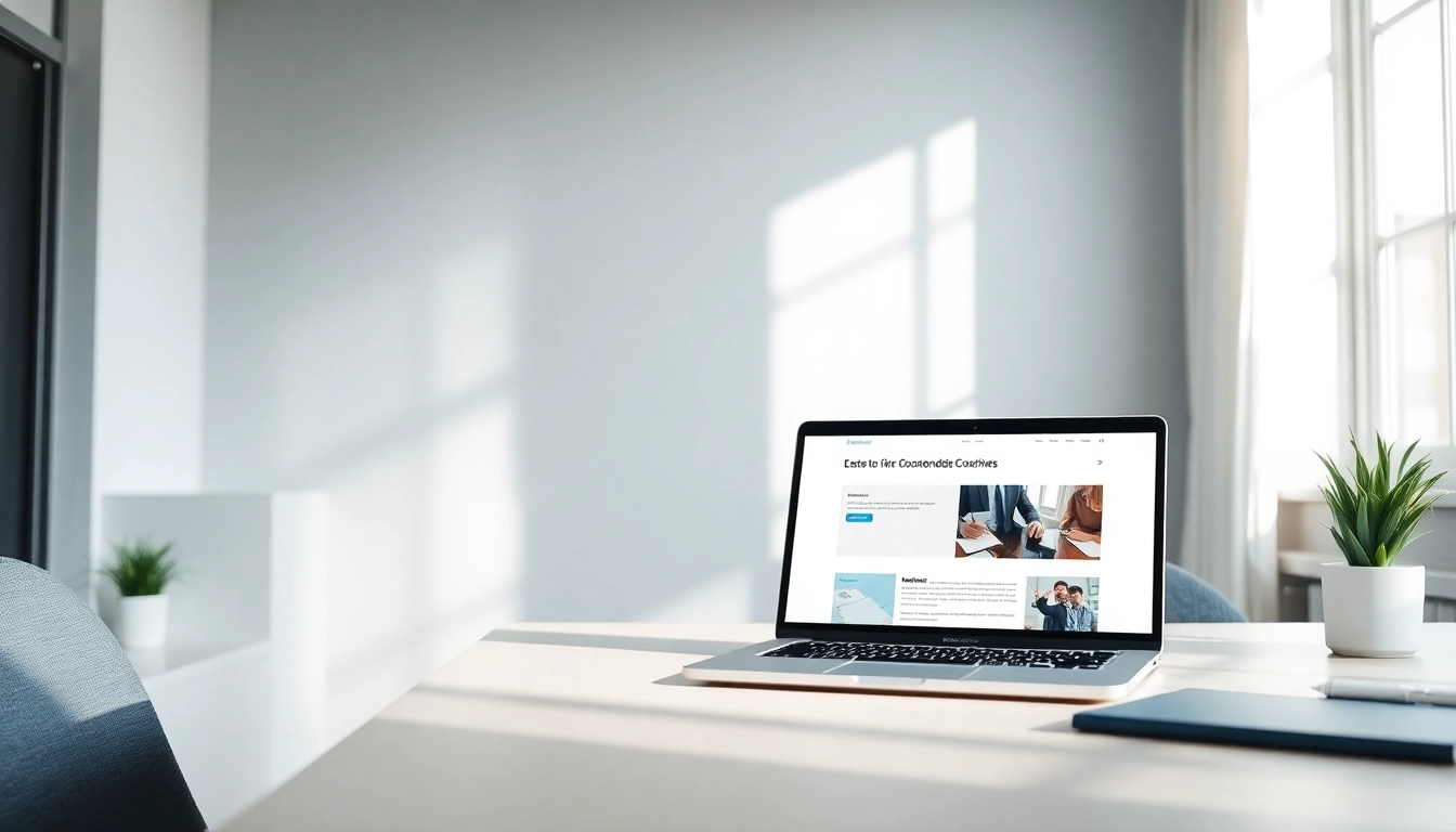 Moderne Büroansicht für Webdesign für Coaches mit Laptop und natürlichem Licht.