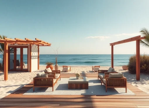 Genieße die atemberaubende Aussicht von der coastal cabana direkt am Strand mit Palmen und komfortablen Sitzgelegenheiten.