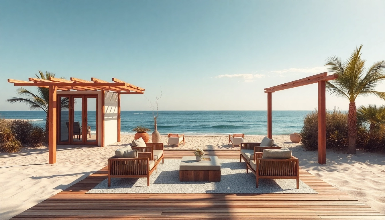 Genieße die atemberaubende Aussicht von der coastal cabana direkt am Strand mit Palmen und komfortablen Sitzgelegenheiten.