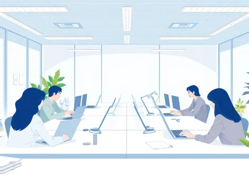 Moderne Büroumgebung zur Nutzung der Office 2024 Pakete mit Laptops und Notizmaterialien.