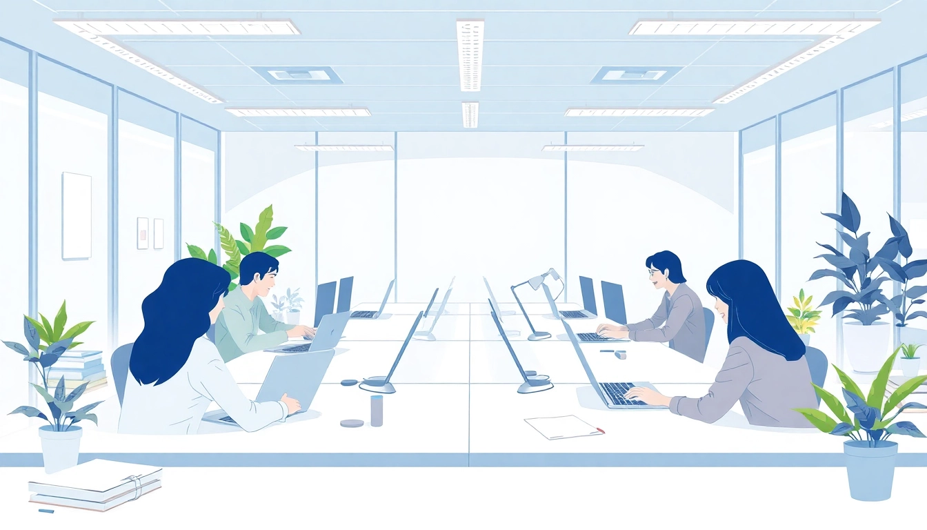 Moderne Büroumgebung zur Nutzung der Office 2024 Pakete mit Laptops und Notizmaterialien.