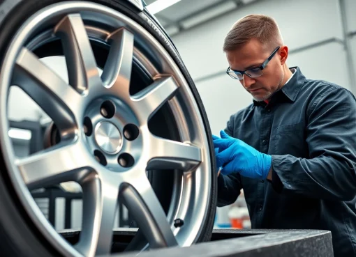 Glanzgedrehte Felgen Reparatur München: Techniker restauriert glänzende Felgen mit CNC-Technologie.