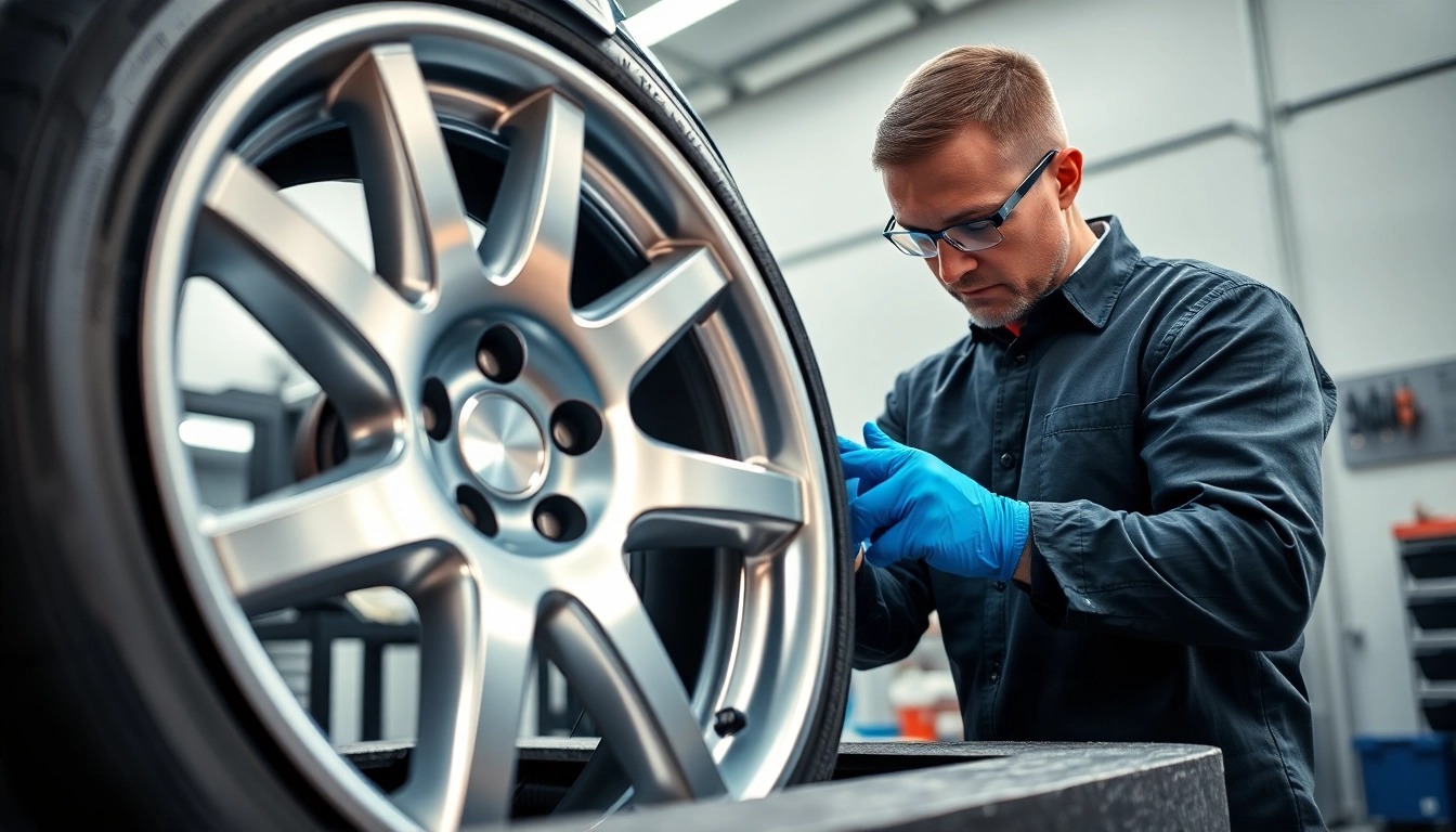 Glanzgedrehte Felgen Reparatur München: Techniker restauriert glänzende Felgen mit CNC-Technologie.