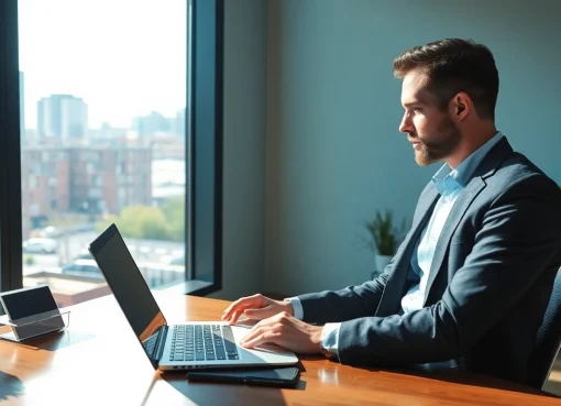 Headhunter IT analysiert Lebenslauf in modernem Büro mit urbanem Ausblick.