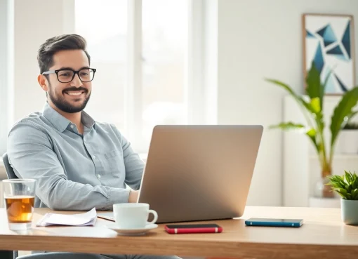 Professioneller Callcenter Virtueller Assistant arbeitet in einem modernen Home-Office mit Laptop und Notizen.