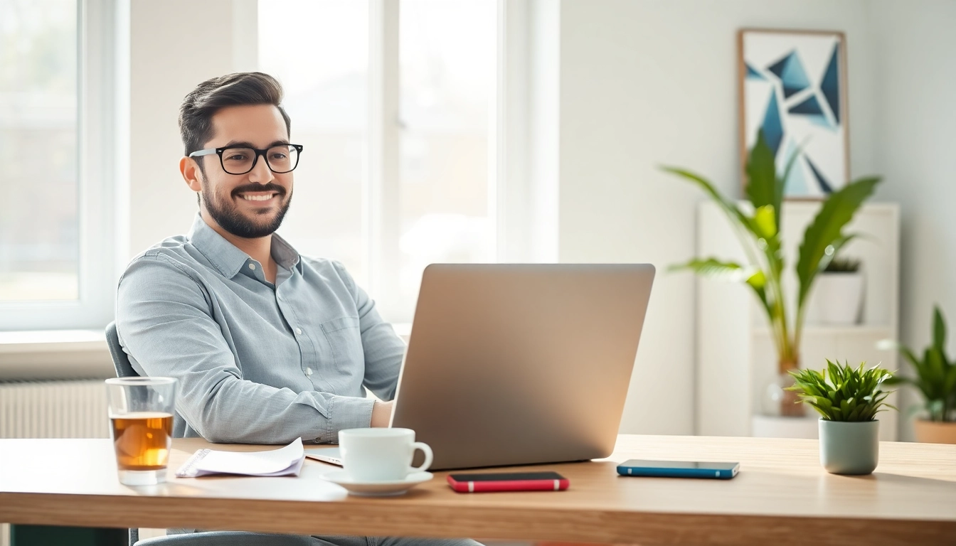 Professioneller Callcenter Virtueller Assistant arbeitet in einem modernen Home-Office mit Laptop und Notizen.