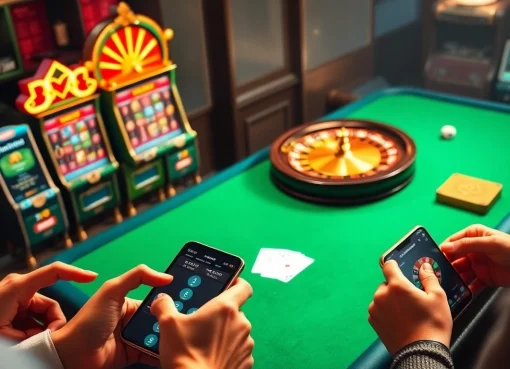Engaging scene illustrating link 12bet as players enjoy online gambling with vibrant slot machines, a roulette wheel, and poker cards.