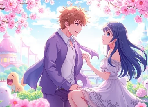 Anime sex scene with vibrant characters in a playful, romantic landscape.