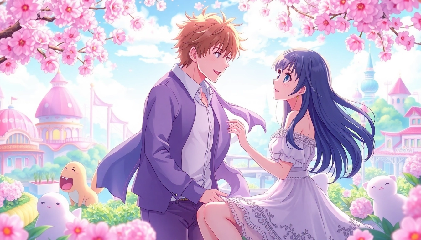 Anime sex scene with vibrant characters in a playful, romantic landscape.