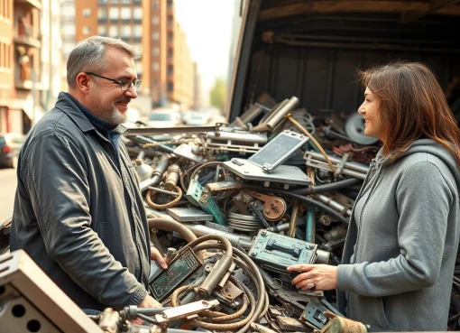Schrottabholung Wuppertal – Effizienter Abholservice für Schrott in einer urbanen Umgebung, der mit einem Hauseigentümer interagiert.