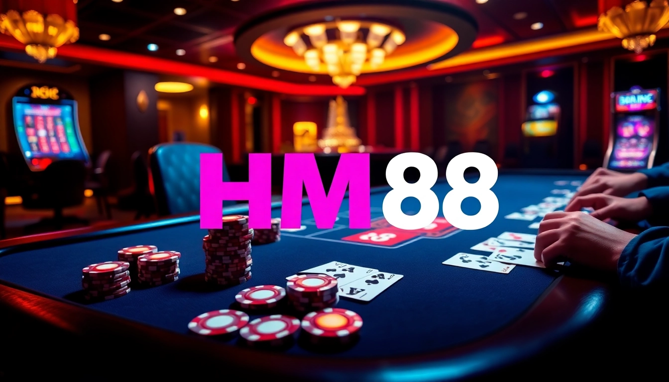 Engage with thrilling games at HM88 casino featuring poker chips and cards.